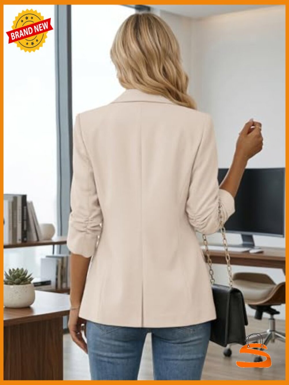 3/4 Ruched Sleeve Blazer - Lightweight Lined Casual Work Office Jacket with - Picture 4 of 7